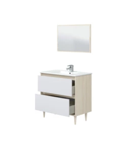 MOBILE BAGNO "VERONA" IN TRUCIOLARE MELAMINICO CON SPECCHIO COLORE BIANCO E ROVERE, 80X45X150 CM